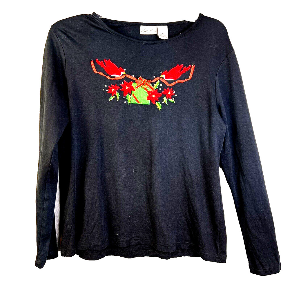 Christmas Shirt Kim Rogers Women's Large Petite Black Red Cardinals Embellished